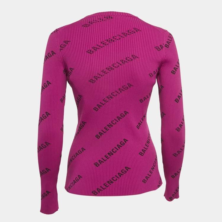 Pre Owned Balenciaga Purple Logo Print Rib Knit Long Sleeve Jumper M