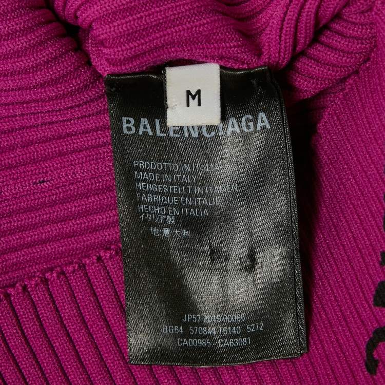 Pre Owned Balenciaga Purple Logo Print Rib Knit Long Sleeve Jumper M