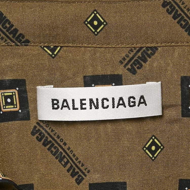Pre Owned Balenciaga Green Geometric Print Crepe Loose Fit Shirt M
