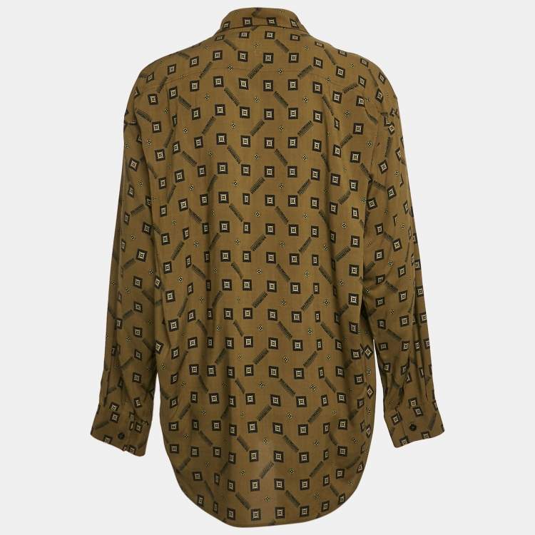 Pre Owned Balenciaga Green Geometric Print Crepe Loose Fit Shirt M