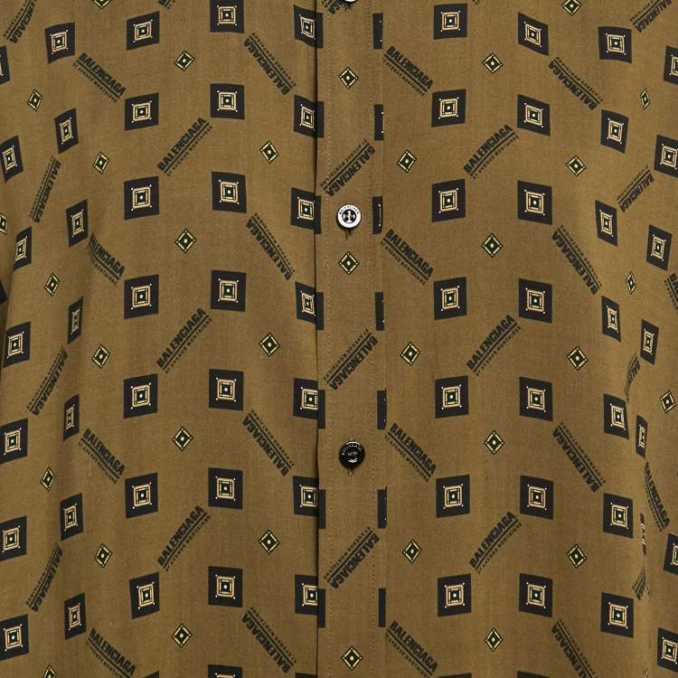 Pre Owned Balenciaga Green Geometric Print Crepe Loose Fit Shirt M