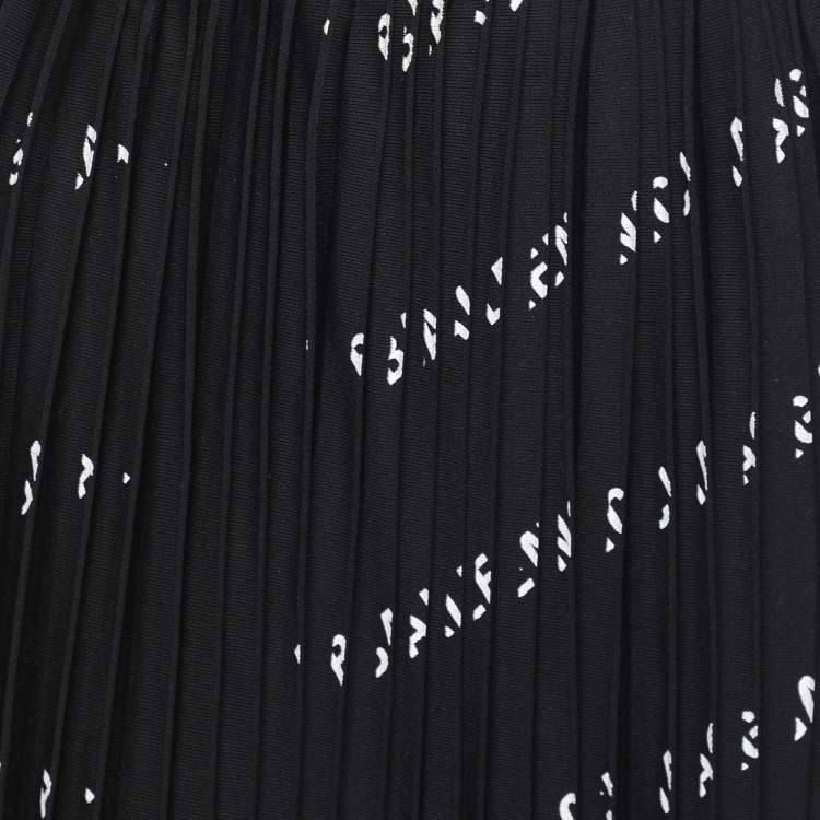 Pre Owned Balenciaga Black All-Over Logo Print Knit Pleated Midi Skirt M