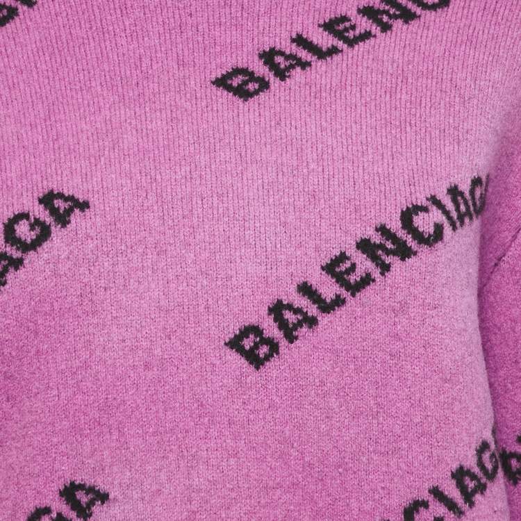 Pre Owned Balenciaga Pink Logo Intarsia Wool Crewneck Sweatshirt M