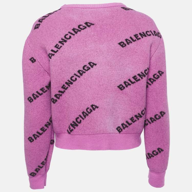Pre Owned Balenciaga Pink Logo Intarsia Wool Crewneck Sweatshirt M