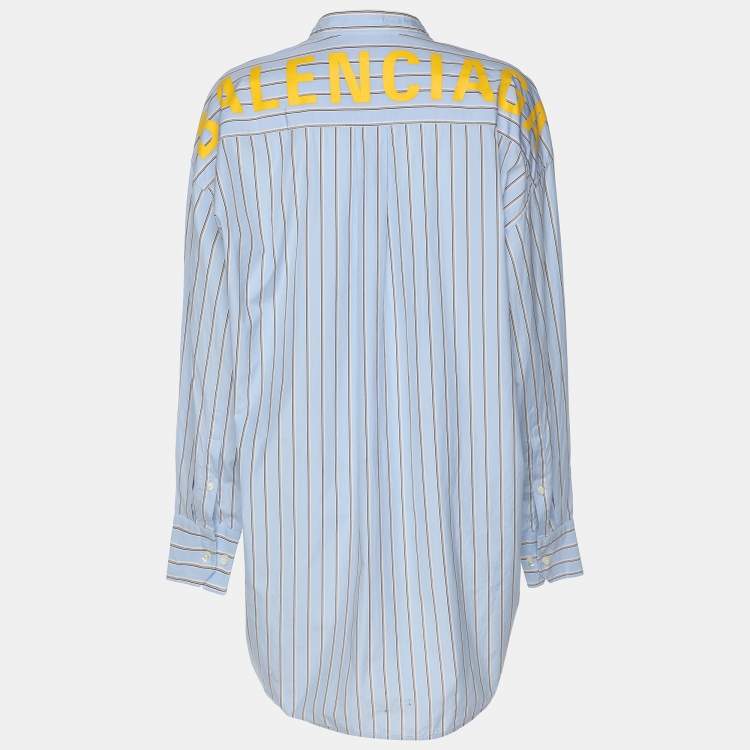 Pre Owned Balenciaga Blue Striped Cotton Logo Print Oversized Shirt S