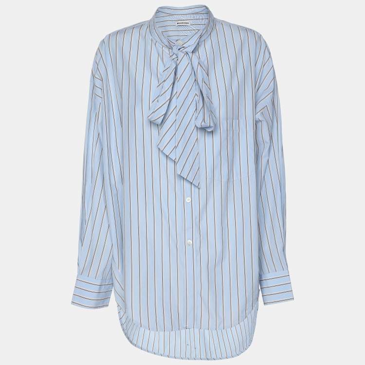 Pre Owned Balenciaga Blue Striped Cotton Logo Print Oversized Shirt S