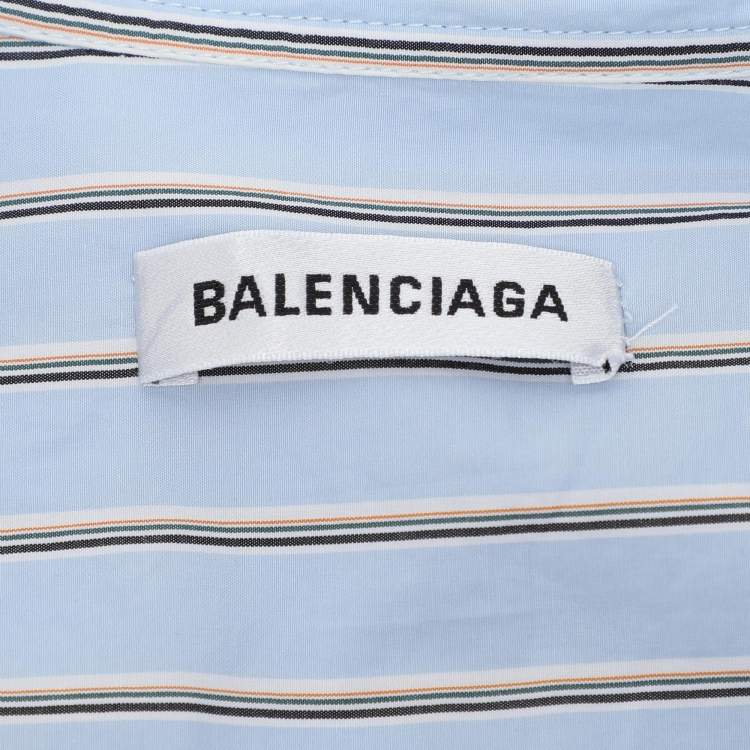 Pre Owned Balenciaga Blue Striped Cotton Logo Print Oversized Shirt S