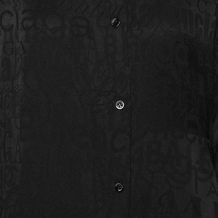 Pre Owned Balenciaga Black Logo Printed Silk Long Sleeve Shirt M