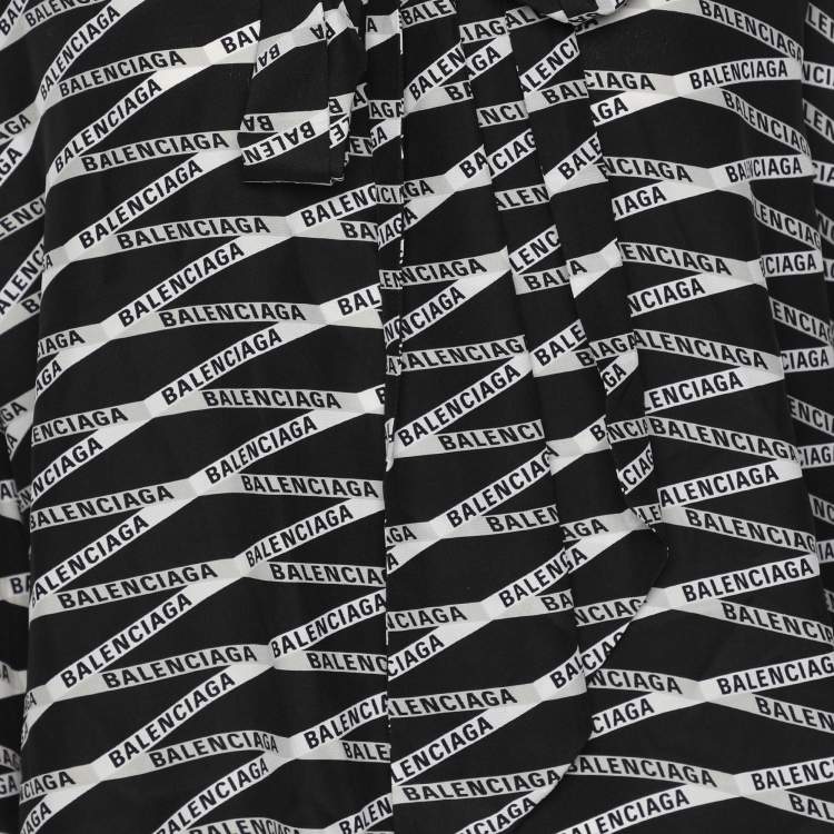 Pre Owned Balenciaga Black Zig Zag Logo Printed Silk Neck Tie Detail Top M
