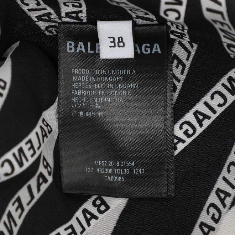 Pre Owned Balenciaga Black Zig Zag Logo Printed Silk Neck Tie Detail Top M