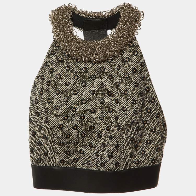 Pre Owned Balenciaga Black/White Eyelet and Ring Embellished Tweed Halter Neck Top M