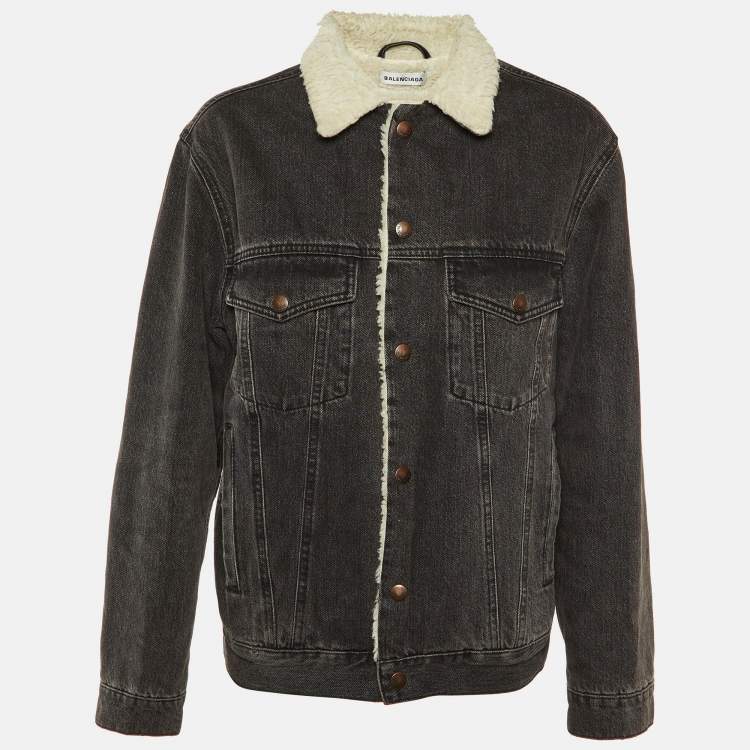 Pre Owned Balenciaga Black Denim Button Front Shearling Jacket S