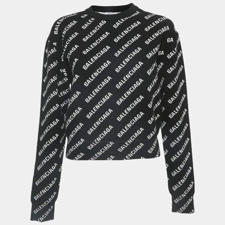 مملوكة مسبقًا Balenciaga Black Logo Jacquard Knit Long Sleeve Sweater S