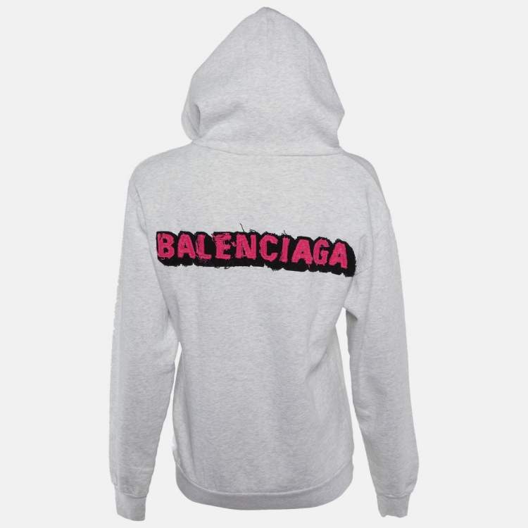 Pre Owned Balenciaga Grey Logo Applique Hooded Sweatshirt S