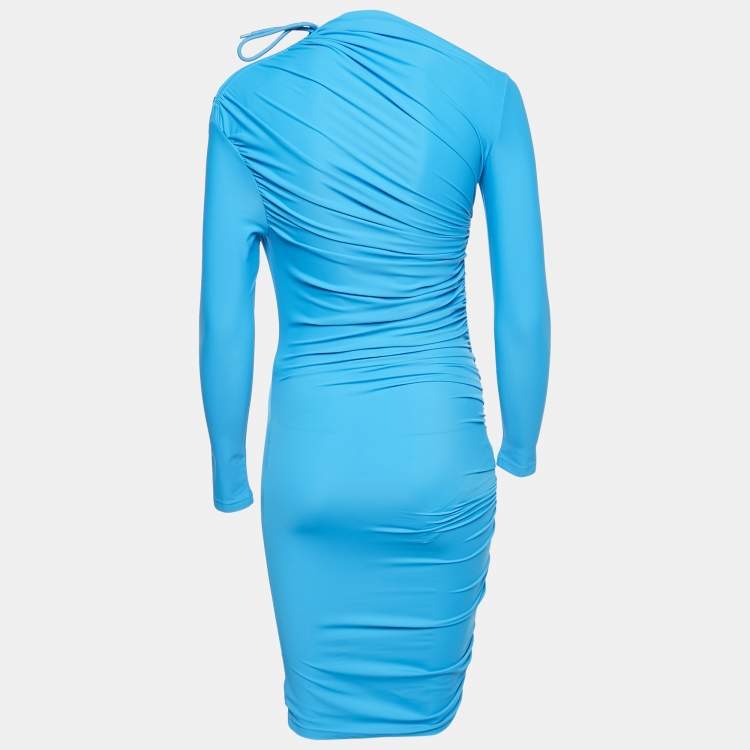 Pre Owned Balenciaga Blue Jersey Ruched Asymmetric Mini Dress S