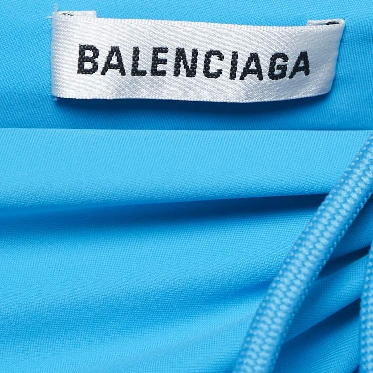 Pre Owned Balenciaga Blue Jersey Ruched Asymmetric Mini Dress S