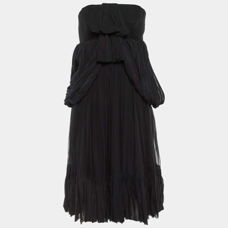 Pre Owned Balenciaga Black Silk Chiffon Draped Mini Dress M