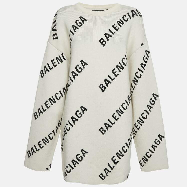 Pre Owned Balenciaga Off-White Monogram Jacquard Knit Crew Neck Sweater S