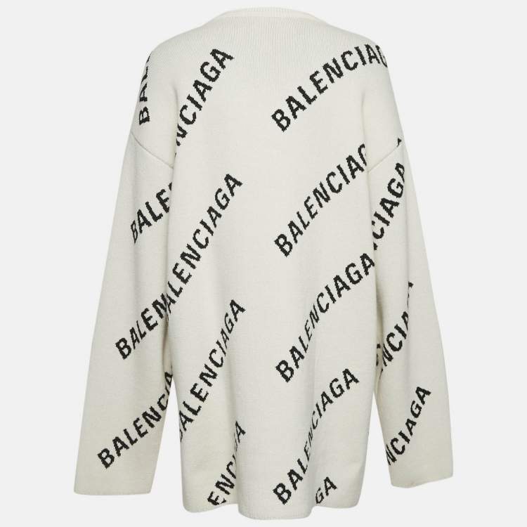 Pre Owned Balenciaga Off-White Monogram Jacquard Knit Crew Neck Sweater S