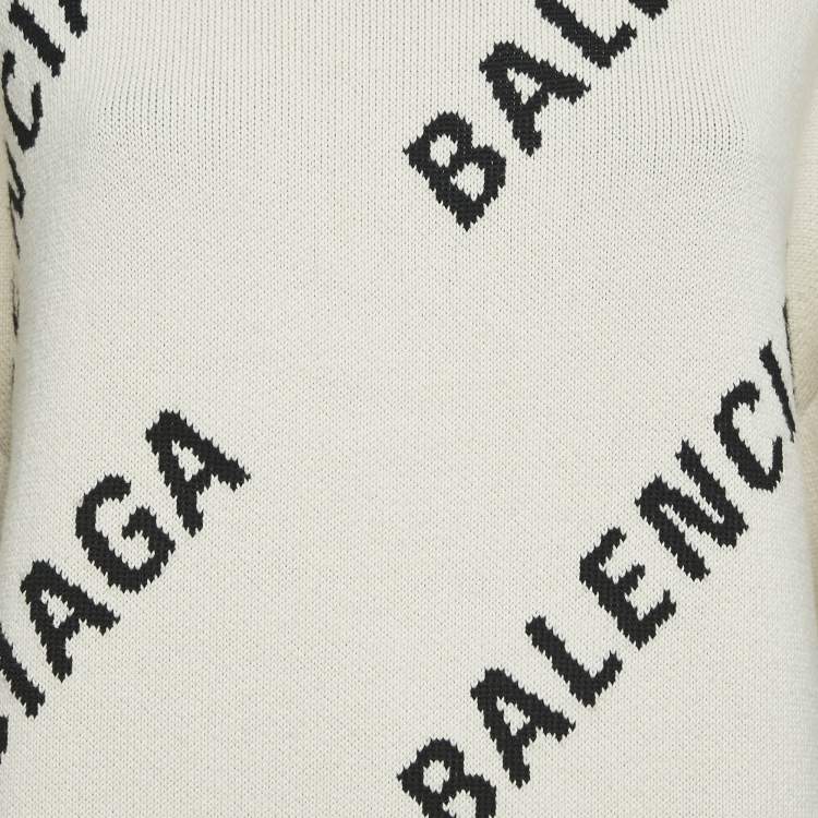 Pre Owned Balenciaga Off-White Monogram Jacquard Knit Crew Neck Sweater S