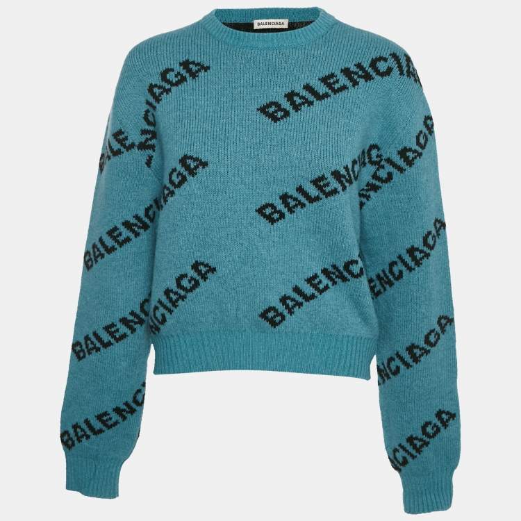 Pre Owned Balenciaga Blue Logo Intarsia Wool Crewneck Sweater M