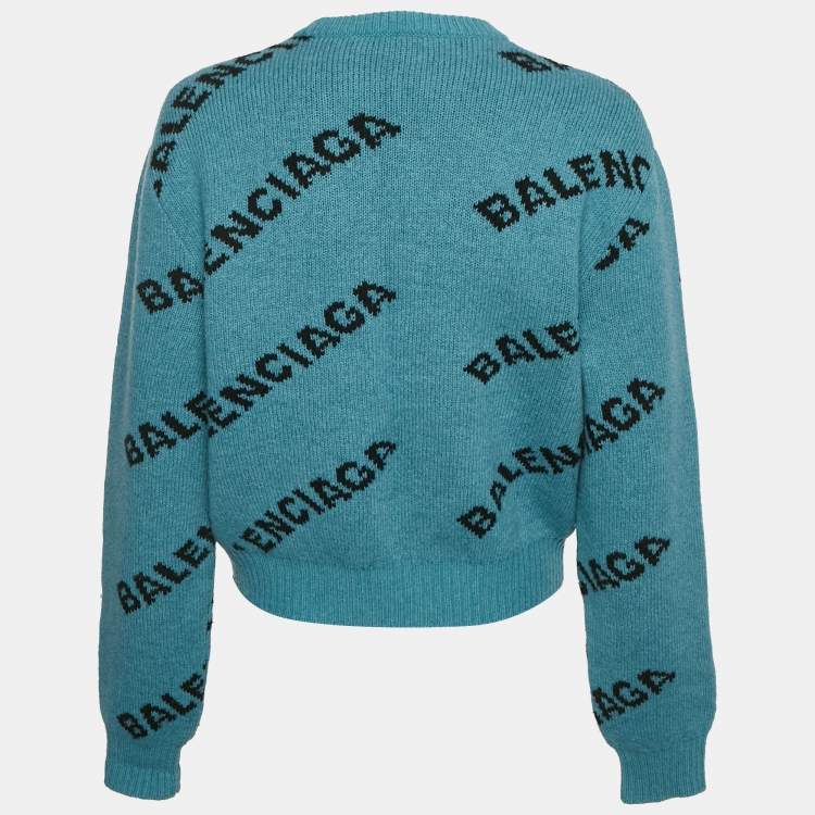Pre Owned Balenciaga Blue Logo Intarsia Wool Crewneck Sweater M