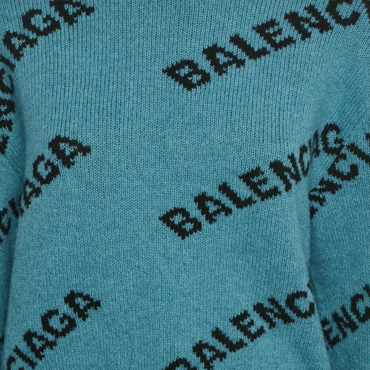 Pre Owned Balenciaga Blue Logo Intarsia Wool Crewneck Sweater M