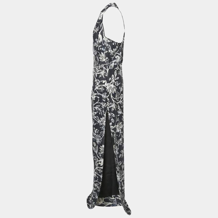 Pre Owned Balenciaga Navy Blue Floral Print Crepe Silk Sleeveless Gown L