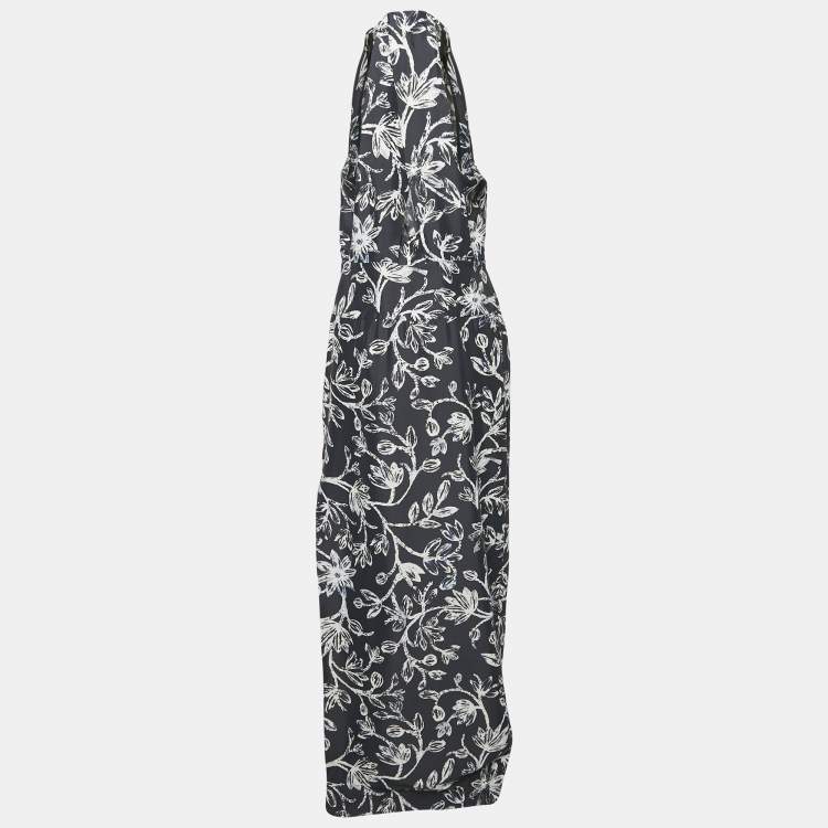 Pre Owned Balenciaga Navy Blue Floral Print Crepe Silk Sleeveless Gown L