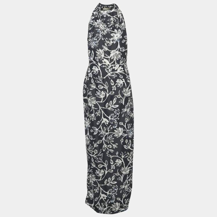 Pre Owned Balenciaga Navy Blue Floral Print Crepe Silk Sleeveless Gown L
