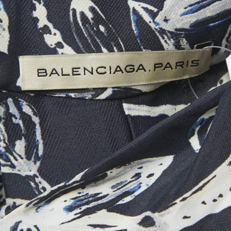 Pre Owned Balenciaga Navy Blue Floral Print Crepe Silk Sleeveless Gown L