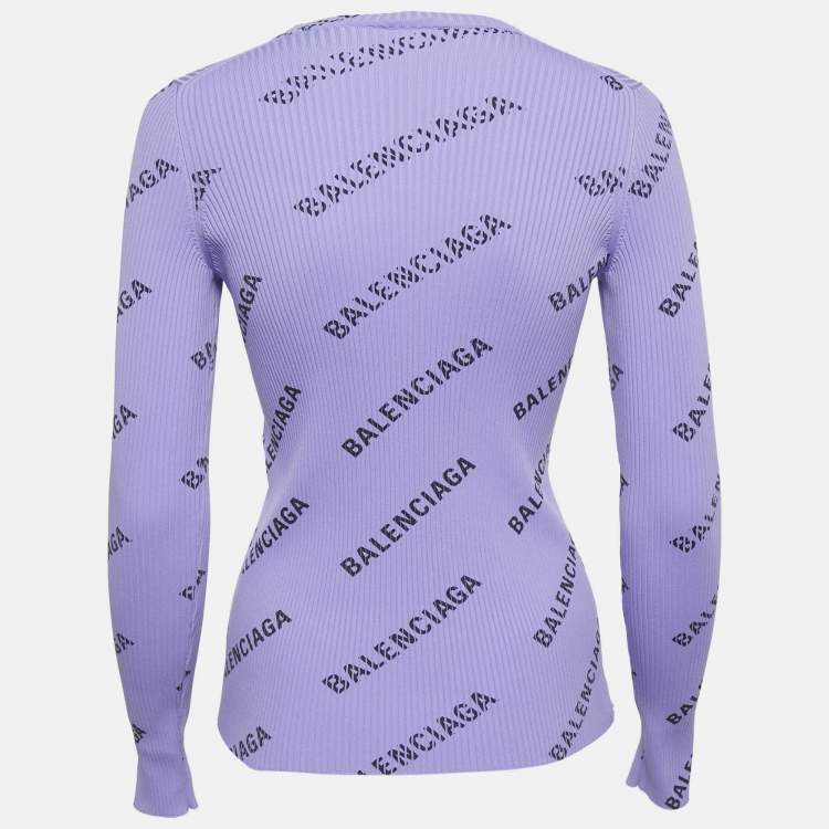 Pre Owned Balenciaga Purple All-Over Print Rib Knit Crewneck Sweater M