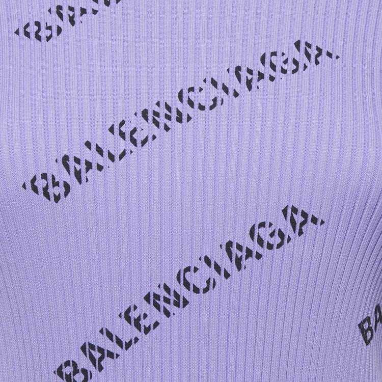 Pre Owned Balenciaga Purple All-Over Print Rib Knit Crewneck Sweater M