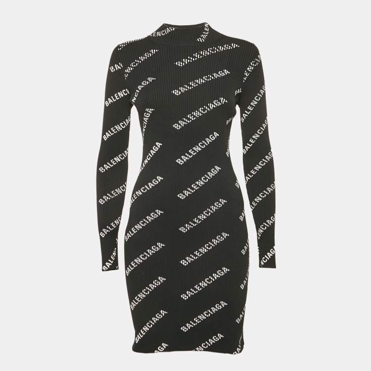 Pre Owned Balenciaga Black All-Over Print Rib Knit Bodycon M
