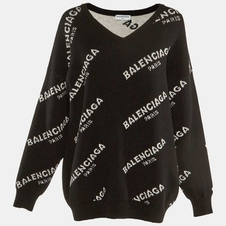 Pre Owned Balenciaga Black All Over Logo Wool Sweater M