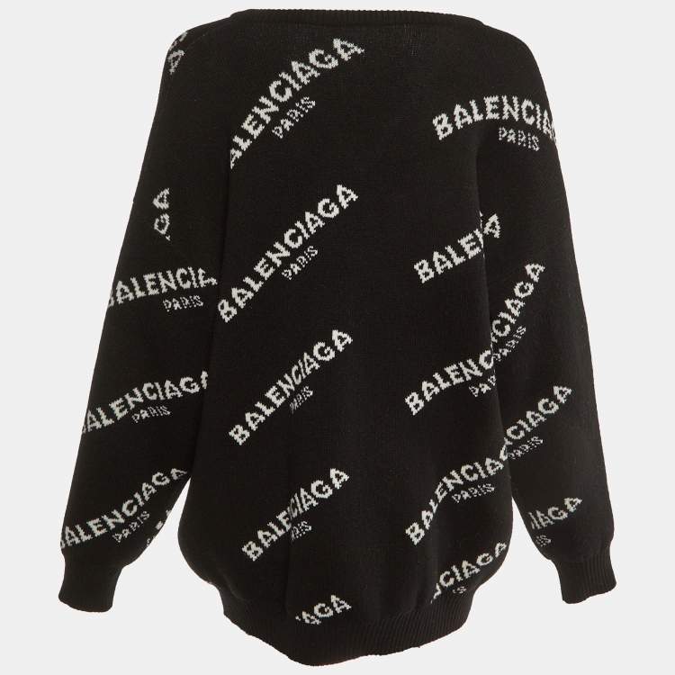 Pre Owned Balenciaga Black All Over Logo Wool Sweater M