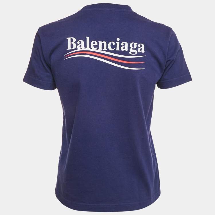 Pre Owned Balenciaga Ink Blue Logo Print Cotton Crew Neck T-Shirt M 