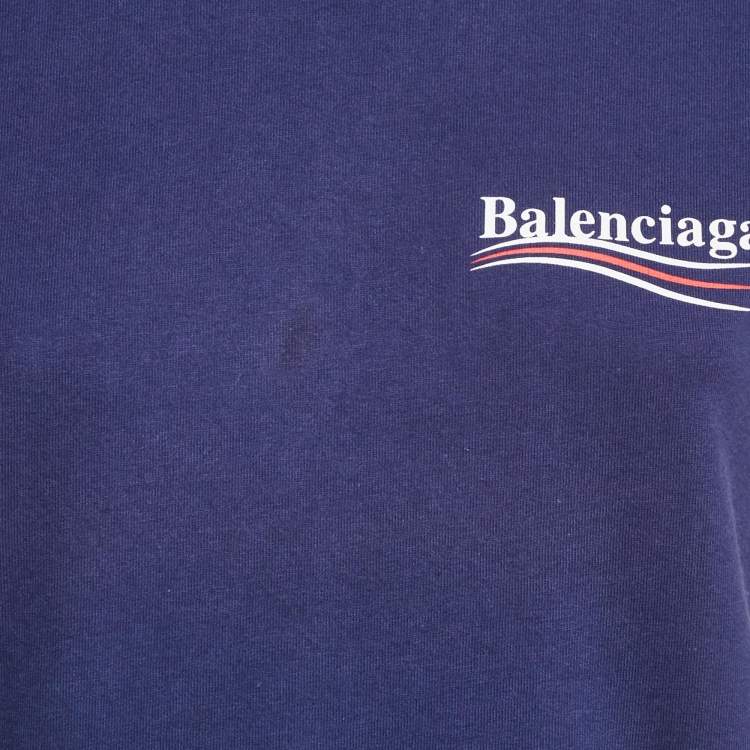 Pre Owned Balenciaga Ink Blue Logo Print Cotton Crew Neck T-Shirt M 