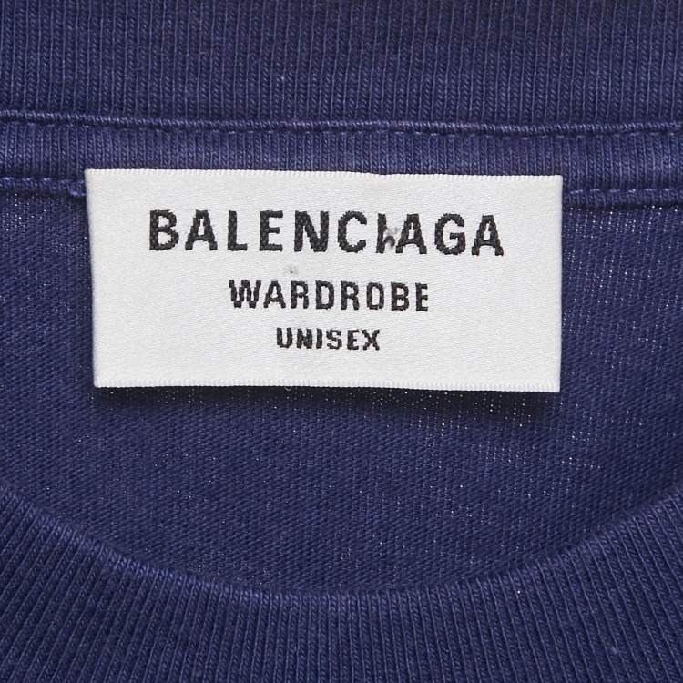 Pre Owned Balenciaga Ink Blue Logo Print Cotton Crew Neck T-Shirt M 