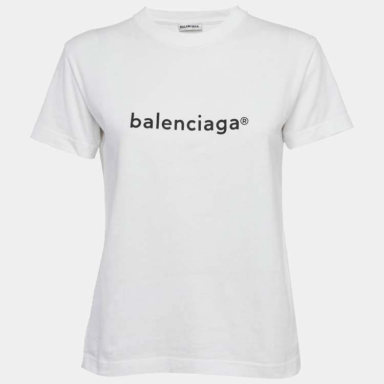 Pre Owned Balenciaga White Logo Print Jersey T-Shirt M
