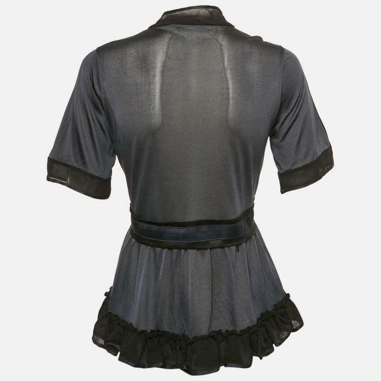 Pre Owned Balenciaga Navy Blue Silk Jersey Ruffled Top M
