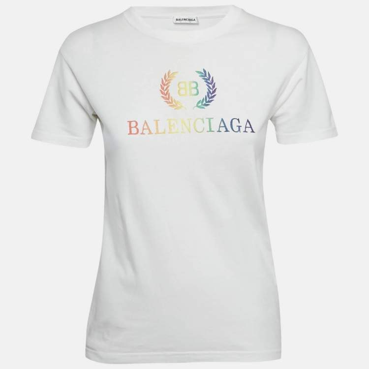 Pre Owned Balenciaga White Logo Embroidered Jersey T-Shirt S