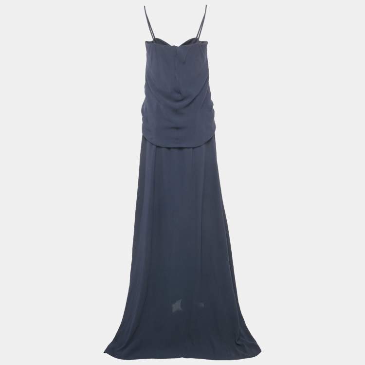 Pre Owned Balenciaga Navy Blue Crepe Drape Detail Maxi Dress M