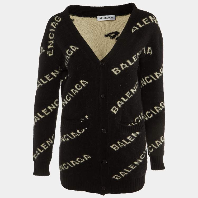 Pre Owned Balenciaga Black Logo Jacquard Knit Long Archetype Cardigan S