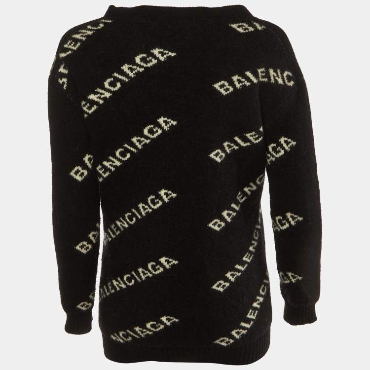 Pre Owned Balenciaga Black Logo Jacquard Knit Long Archetype Cardigan S