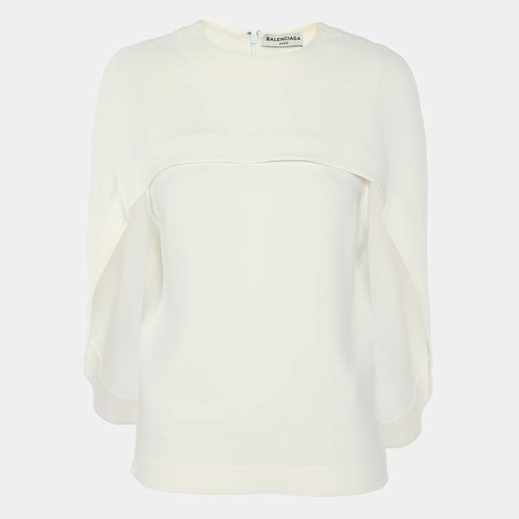Pre Owned Balenciaga Cream Crepe Cape Sleeve Detail Top S
