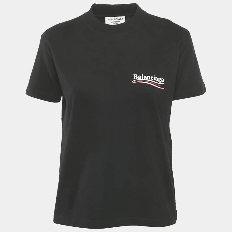 Pre Owned Balenciaga Black Logo Embroidery Cotton Crewneck Small Fit T-Shirt L