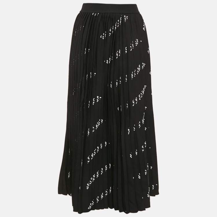 Pre Owned Balenciaga Black Logo All Over Knit Pleated Midi Skirt S
