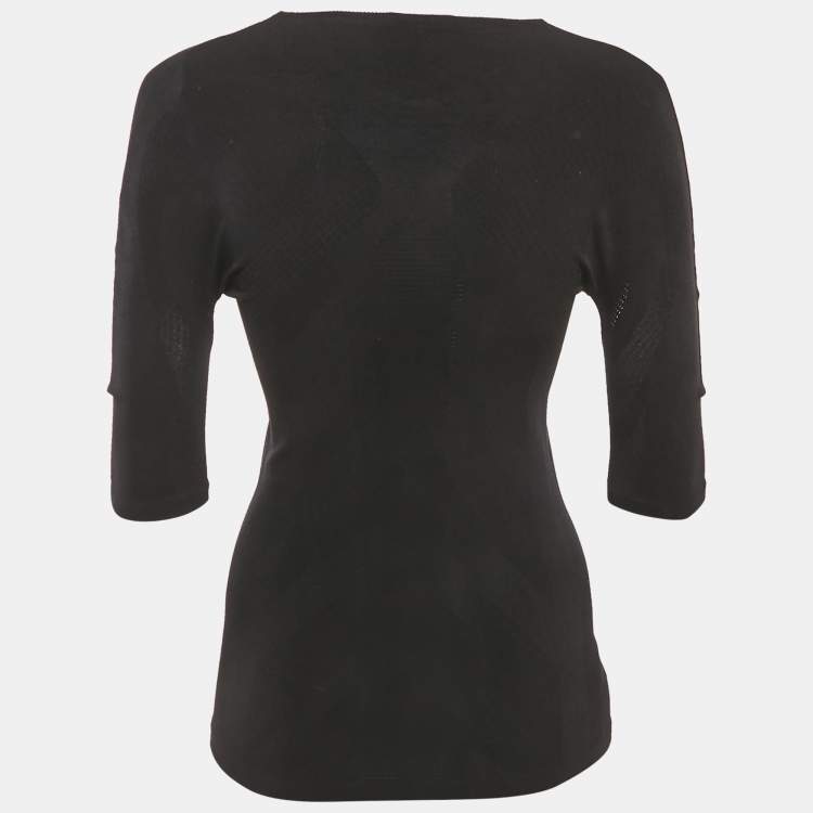Pre Owned Balenciaga Black Logo Print Mesh Trim Jersey Fitted Top S