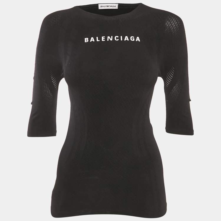 Pre Owned Balenciaga Black Logo Print Mesh Trim Jersey Fitted Top S